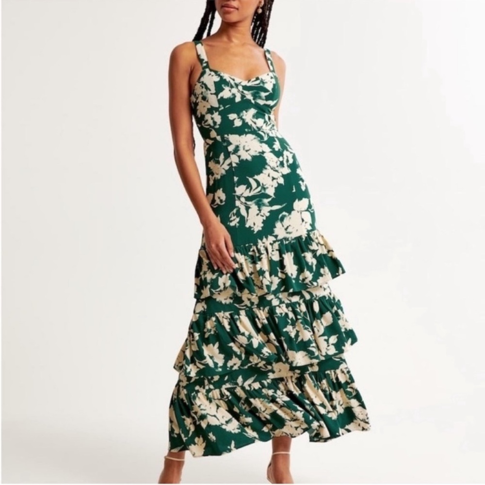 *NWT* Abercrombie Women's Ruffle Tiered Maxi Dress: Small Petite – Green Pattern